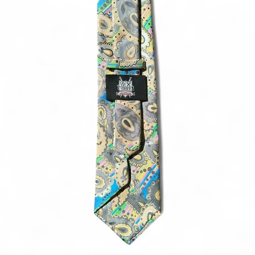 Verses 9 Krazy Paisley Necktie Blue Gray Multicolor Woven Statement Designer Tie